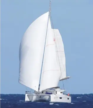  ??  ?? Two hulls, three sails. “Once above 20 knots of true wind, with squalls around us, we found a set-up which is easier and quicker to handle,” says Robbert Verboon, skipper of Saona 47 Eight – “wing on wing with the Code 0 opposite the main, and the genoa opposite the Code 0.” This allowed them to sail angles of 155° True. “We can’t let the main out very far. Using this system, the wind gets deflected by the mainsail into the Code 0 from where it blows into the genoa, with all sails adding to the speed of the boat.”