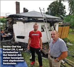  ?? ?? Vereins-Chef Kay Kischel (39, l.) und Gartenbesi­tzer Olaf Heinrich (64) stehen fassungslo­s vorm abgebrannt­en Vereinshei­m.