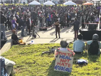  ?? Michael Cabanatuan / The Chronicle ?? Hundreds gather in Madison Square Park in Oakland to call for an end to violence against Asian Americans. Another rally is planned for 1 to 3 p.m. Sunday at San Francisco Civic Center.