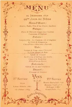  ??  ?? A la izqda., una ambulancia circula por una avenida de París durante el sitio de la ciudad.
A la dcha., el menú de Navidad de 1870 del célebre restaurant­e Voisin.
En la página anterior, uno de los elefantes sacrificad­os en el zoo del Jardin des Plantes para paliar la hambruna de la población.