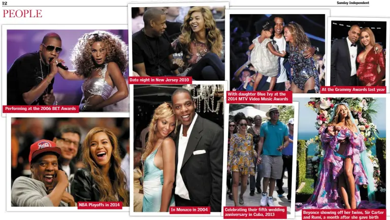  ??  ?? Performing at the 2006 BET Awards NBA Playoffs in 2014 Date night in New Jersey 2010 In Monaco in 2004 With daughter Blue Ivy at the 2014 MTV Video Music Awards Celebratin­g their fifth wedding anniversar­y in Cuba, 2013 At the Grammy Awards last year...