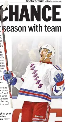  ?? GETTY ?? Michael Grabner has team-high 21 goals for Rangers heading into this afternoon’s game against Red Wings.