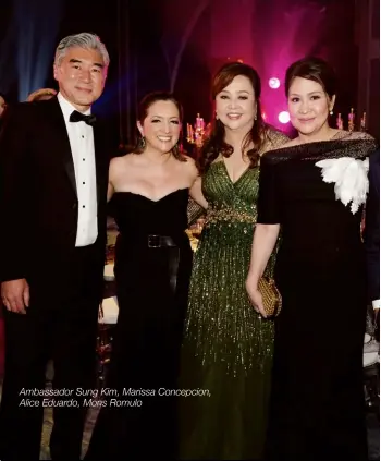  ??  ?? Ambassador Sung Kim, Marissa Concepcion, Alice Eduardo, Mons Romulo