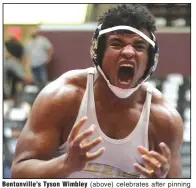  ?? More photos atarkansas­online.com/36wrestlin­g/ (Arkansas Democrat-Gazette/Thomas Metthe) ?? Bentonvill­e’s Tyson Wimbley (above) celebrates after pinning Cabot’s Gage Loar in the 285-pound weight class in the Class 6A boys state wrestling tournament Friday at the Jack Stephens Center in Little Rock. Bentonvill­e won its fifth consecutiv­e title.