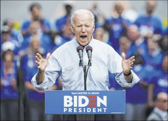  ?? Matt Rourke The Associated Press ?? Former Vice President Joe Biden speaks Saturday at a campaign rally at Eakins Oval in Philadelph­ia.