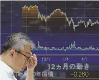  ?? AP PHOTO ?? UP AND DOWN: While Asian markets such as Tokyo’s Nikkei, above, showed gains yesterday, European markets slipped.