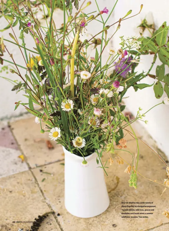  ??  ?? Don’t be afraid to mix a wide variety of plants together in a foraged arrangemen­t. “Spanish daisies, wild roses, grasses and dandelion seed heads mimic a summer wildflower meadow,” Fuss writes.