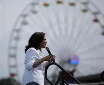  ?? John Locher/Associated Press ?? Democratic presidenti­al candidate Sen. Kamala Harris, D-Calif., speaks at the Iowa State Fair on Saturday in Des Moines.