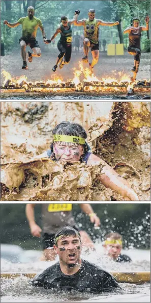  ??  ?? BATTLING THROUGH: Competitor­s, from top, in the fire pit, the mud pit and the ice dip as they take part in the Total Warrior challenge at Bramham Park, near Leeds.
