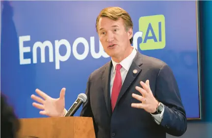  ?? STEVE HELBER/AP ?? Gov. Glenn Youngkin delivers remarks in Richmond during opening ceremonies for the new offices of Empower AI in July 2022.