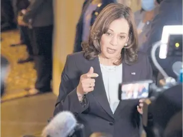  ?? ANNA MONEYMAKER/GETTY ?? Vice President Kamala Harris speaks to reporters Wednesday outside the Senate chamber.