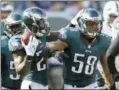  ?? BILL KOSTROUN — ASSOCIATED PRESS FILE ?? Eagles linebacker Jordan Hicks (58) may be embarrasse­d by how he broke his pinky finger, but the injury doesn’t appear to be one for fans to worry about.