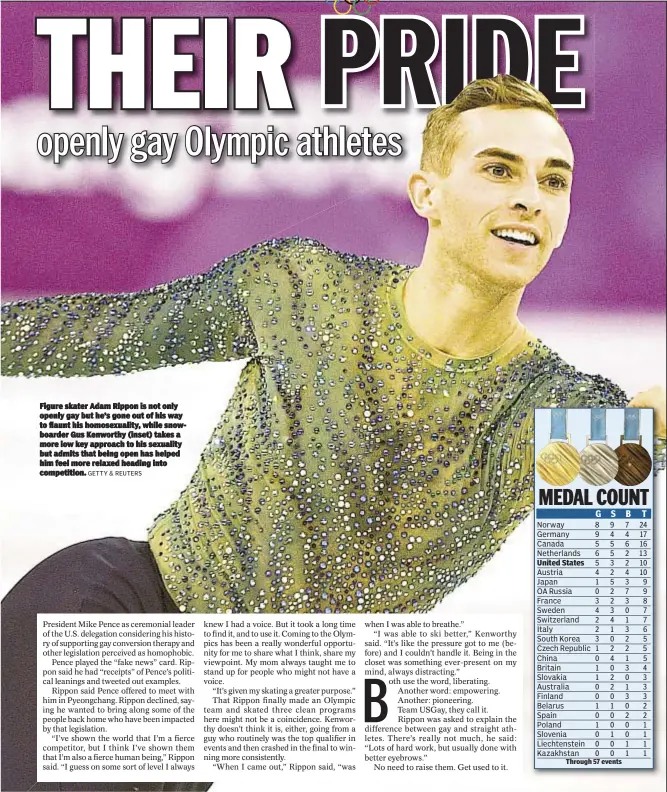  ?? GETTY & REUTERS ?? Figure skater Adam Rippon is not only openly gay but he’s gone out of his way to flaunt his homosexual­ity, while snowboarde­r Gus Kenworthy (inset) takes a more low key approach to his sexuality but admits that being open has helped him feel more...