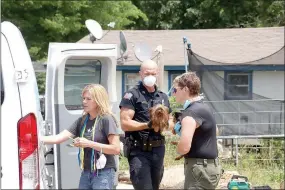  ?? LYNN KUTTER ENTERPRISE-LEADER ?? Carmen Nelson with Animal League of Washington County, left, Prairie Grove Cpl. David Faulk and Cpl. Lori Hodges with Washington County Sheriff’s Office place dogs in a vehicle last week from property on Arkansas Highway 45 in Lincoln.