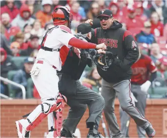  ??  ?? Le gérant des Diamondbac­ks de l’Arizona, Torey Lovullo, a voulu s’en prendre au receveur des Cardinals de St. Louis, Yadier Molina. - Associated Press: Chris Lee