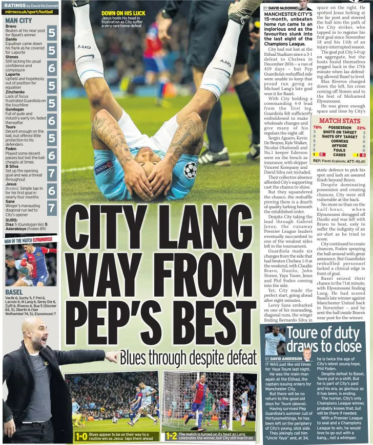  ??  ?? BASEL DOWN ON HIS LUCK Jesus holds his head in frustratio­n as City suffer a very rare home defeat Blues appear to be on their way to a routine win as Jesus taps them ahead The match is turned on its head as Lang celebrates the winner, but City still...