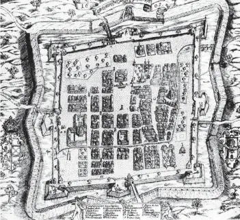  ?? GESCHICHTS­V., BENDELE ?? Ein schmuckes Städtchen vom Reißbrett italienisc­her Architekte­n: So sah Klagenfurt auf dem ersten Stadtplan 1605 aus. Auch der Lindwurm steht schon da