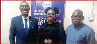  ?? ?? L-R: National Publicity Secretary, Associatio­n of Estate Agents in Nigeria (AEAN), Adeniyi Tinubu; Asst. National Publicity Secretary, Mrs Uche Jinwa; and National Secretary, Osagie Odiase, during media chat on the forthcomin­g conference in Lagos