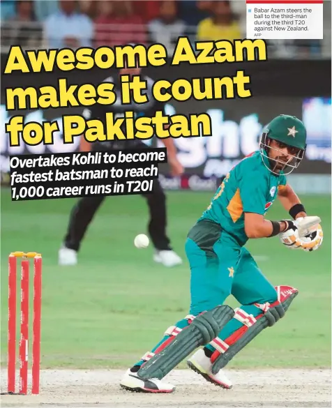  ?? AFP ?? Babar Azam steers the ball to the third-man during the third T20 against New Zealand.