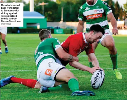  ?? SPORTSFILE ?? Munster bounced back from defeat to Saracens with victory against Treviso helped by this try from Darren Sweetnam