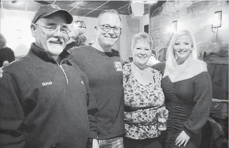  ?? PHOTO COURTESY KRISTEN PEACE ?? Actors James Kall, second from left, and Kristen Peace, right, with Gander SPCA manager Bonnie Harris, whom Peace portrays in “Come From Away,” and her husband Doug Harris. The “Come From Away” cast visited Gander recently while performing in St. John’s.