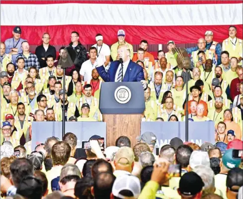  ?? NICHOLAS KAMM/AFP ?? US President Donald Trump speaks at the Shell Pennsylvan­ia Petrochemi­cals Complex in Monaca, Pennsylvan­ia on Tuesday.