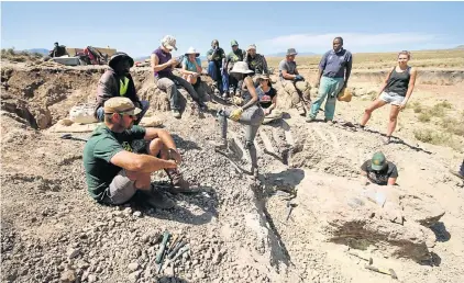  ?? Picture: LULAMILE FENI ?? IN HER ELEMENT: Palaeontol­ogist Cebisa Mdekazi, 24, with khaki hat, assists with excavation­s at the site of a major dinosaur graveyard in Qhemegha, Sterksprui­t. The Wits University masters student, who hails from the region, is working with experts from Zurich, Oxford Birmingham, Wits and SA to shed light on the find