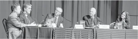  ?? Karen Warren / Houston Chronicle ?? The panel members, from left, Kyle Danish, Marvin Odum, moderator Dave Fehling, H. Leighton Steward and Aparna Mathur, take part Tuesday in a University of Houston energy symposium, “Carbon tax: Is it the right time?”