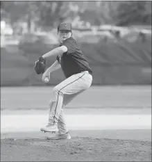  ?? STAFF PHOTO BY COLIN STOECKER ?? Hughesvill­e Post 238 pitcher John Lusk pitched five innings in Tuesday night’s 7-3 loss to St. Mary’s Post 255 in American Legion baseball at St. Mary’s College of Maryland. Lusk pitched for North Point during the high school season.