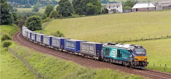  ?? JOHN CHALCRAFT/RAIL PHOTOPRINT­S. ?? 68024 Centaur rounds the curve at Bardrill as it approaches Gleneagles with the 1223 Grangemout­h TDG Siding-Aberdeen Craiginche­s intermodal service on June 23 2016.