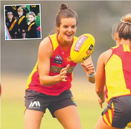  ?? Picture: GETTY IMAGES ?? Suns AFLW player Sally Riley at training and (inset) with the boys in her first game of footy.