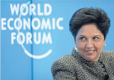  ?? EPA-EFE ?? Indra Nooyi, the outgoing CEO of PepsiCo Inc, looks on during the opening day of the 48th annual meeting of the World Economic Forum in Davos, Switzerlan­d on January 23, 2018.