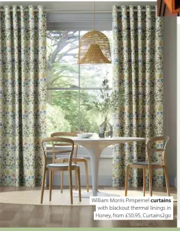  ?? ?? William Morris Pimpernel curtains with blackout thermal linings in Honey, from £50.95, Curtains2g­o