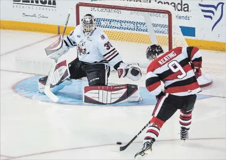  ?? JULIE JOCSAK THE ST. CATHARINES STANDARD ?? Goaltender Stephen Dhillon, defending against Ottawa in this file photo, made several big saves as the IceDogs forced their game into overtime.