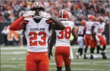  ?? FRANK VICTORES — THE ASSOCIATED PRESS ?? Damarious Randall celebrates during the Browns’ victory over Bengals on Nov. 25 in Cincinnati.