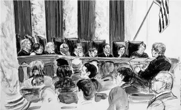  ?? DANA VERKOUTERE­N/AP ?? A sketch depicts Brett Kavanaugh, far right, with the other justices Tuesday. He sits next to Justice Elena Kagan.