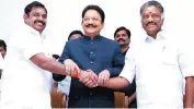  ?? PHOTO: DIPR ?? Tamil Nadu Governor C H Vidyasagar Rao ( centre) with Chief Minister E Palaniswam­i ( left) and O Panneersel­vam at Raj Bhavan in Chennai on Monday