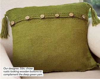  ??  ?? Our designer, Siân, chose rustic-looking wooden buttons to complement the deep green yarn.