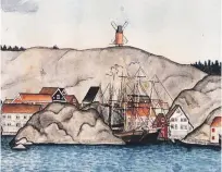  ??  ?? HISTORISK: Denne akvarellen av Christian Groos Helmer fra 1804 viser mølla på toppen av Møllerheia.