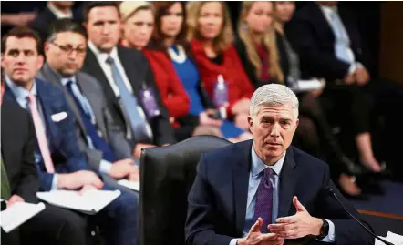 ??  ?? My own man: Gorsuch testifying before the Senate Judiciary Committee confirmati­on hearing on Capitol Hill in Washington. — Reuters