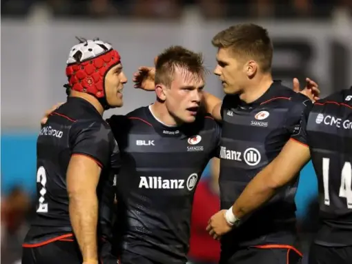  ?? (Getty) ?? Tompkins celebrates scoring Saracens' second try