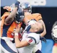  ?? JOE AMON, AP ?? The Broncos’ Joe Mays, left, hits Texans quarterbac­k Matt Schaub.