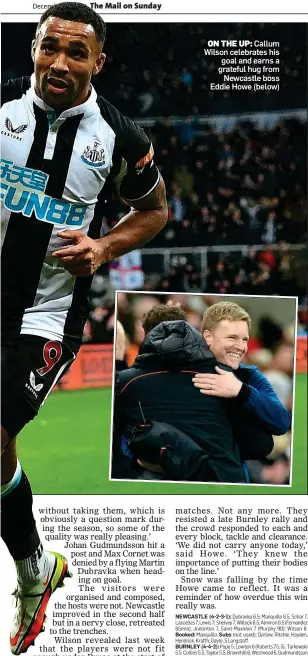  ?? ?? ON THE UP: Callum Wilson celebrates his goal and earns a grateful hug from Newcastle boss Eddie Howe (below)