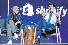  ?? NATHAN DENETTE THE CANADIAN PRESS ?? Prime Minister Justin Trudeau participat­es in an armchair discussion with Shopify CEO Tobias Lutke in Toronto on May 8.