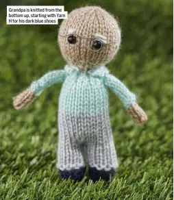  ??  ?? Grandpa is knitted from the bottom up, starting with Yarn H for his dark blue shoes