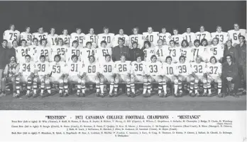  ?? WESTERN UNIVERSITY ?? The 1971 Vanier Cup-winning Western Mustangs. Retiring Justice David Doherty is No. 20, middle row, right of centre.