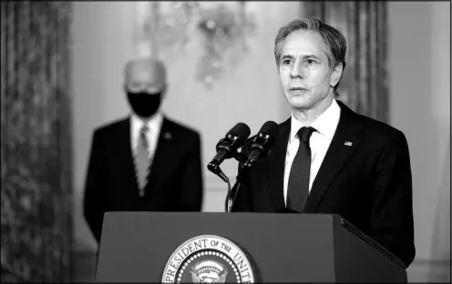  ?? STEFANI REYNOLDS / NEW YORK TIMES FILE ?? Secretary of State Antony Blinken speaks Feb. 4 at the State Department in Washington as President Joe Biden looks on.