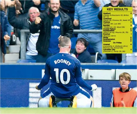  ?? — AP ?? Wayne Rooney celebrates scoring against Stoke City during Everton’s English Premier League match at Goodison Park in Liverpool on Saturday. The former England captain donned Everton’s colours for the first time after 13 years at Manchester United.