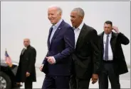  ?? ?? President Joe Biden, left, and former President Barack Obama arrive at John F. Kennedy Internatio­nal Airport, March 28, in New York. ALEX BRANDON — THE ASSOCIATED PRESS