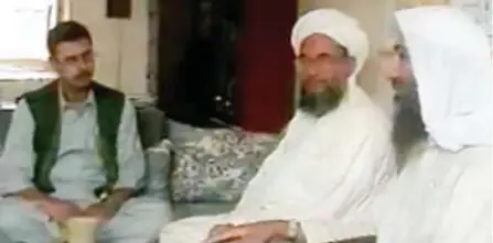  ??  ?? A TV grab from MBC program shows Baker Atyani, left, with Osama bin Laden, right, and Ayman Al-Zawahiri.